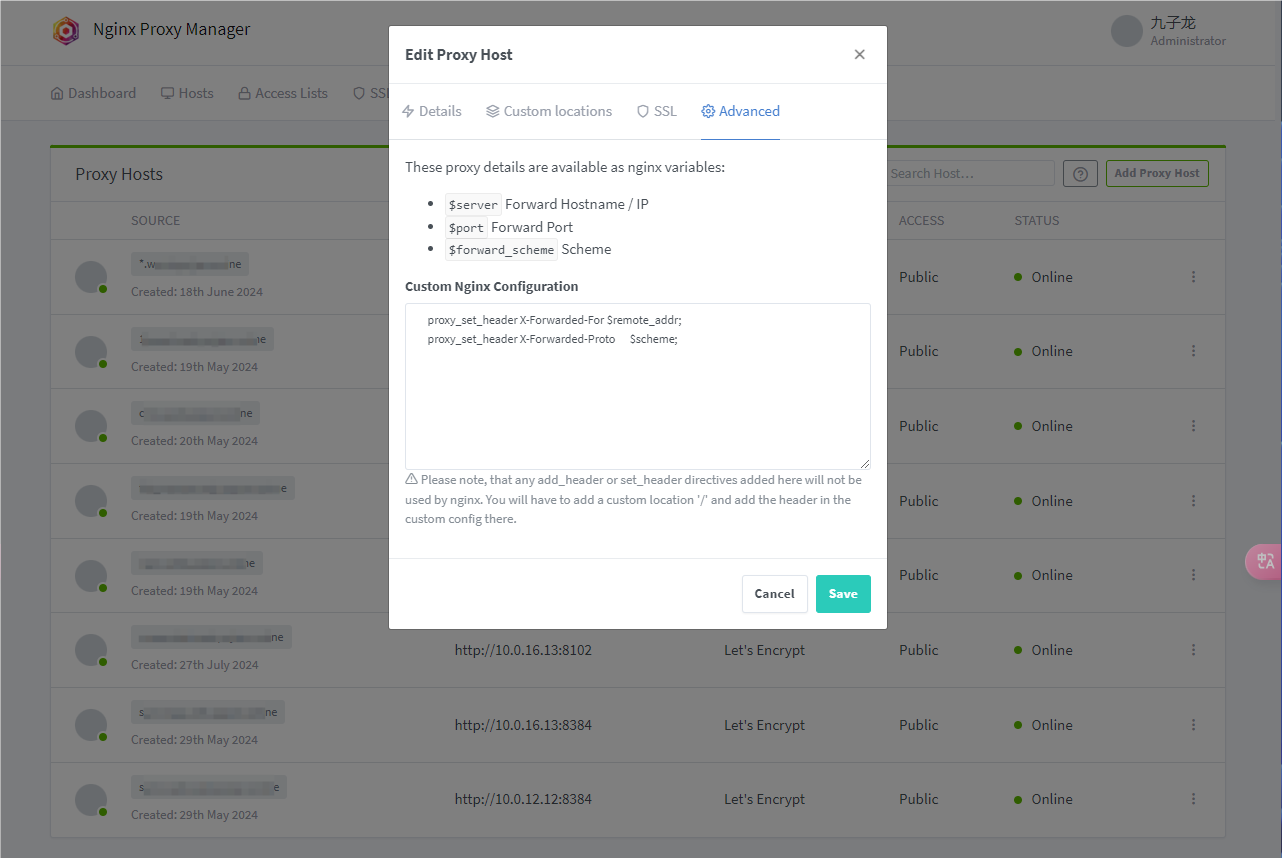 Nginx Proxy Manager 添加HTTP头信息